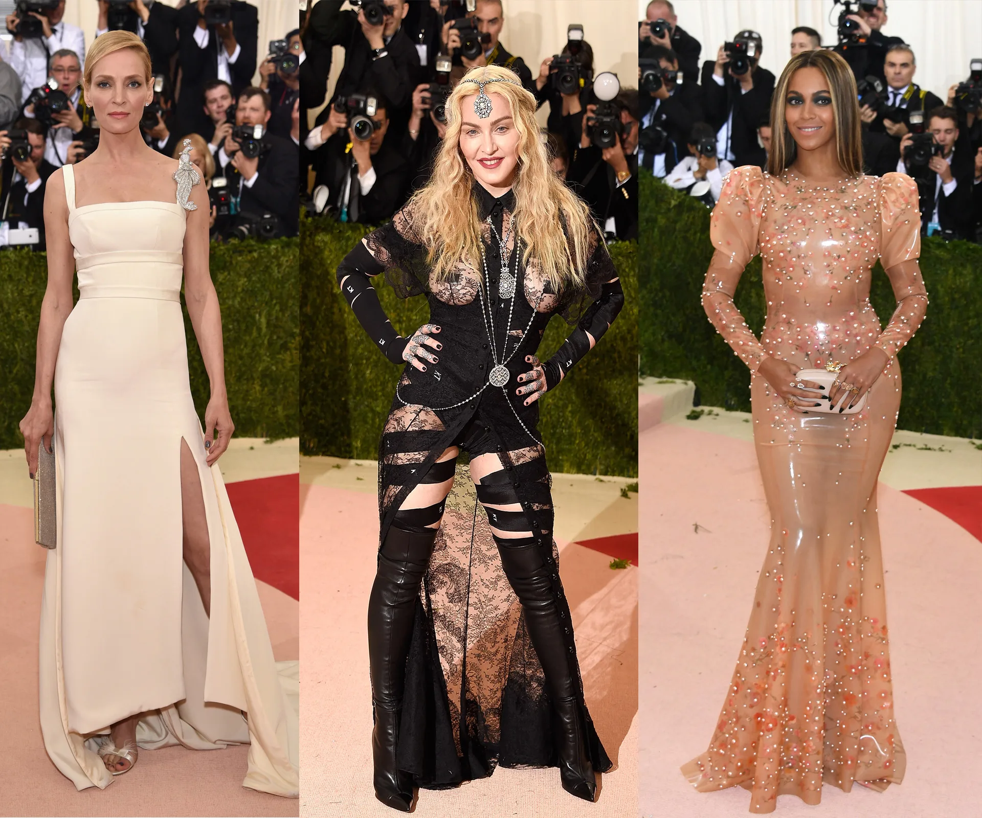 Three elegantly dressed women at a glamorous event, posing on a red carpet amidst photographers.