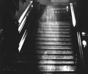 "Black and white photo of a staircase with a ghostly figure or misty form appearing halfway up the steps."