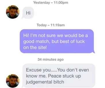 Chat exchange showing a rejection message and a negative response.