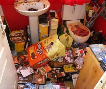 Cluttered bathroom with dog food bags, scattered DVDs, and dirty fixtures.
