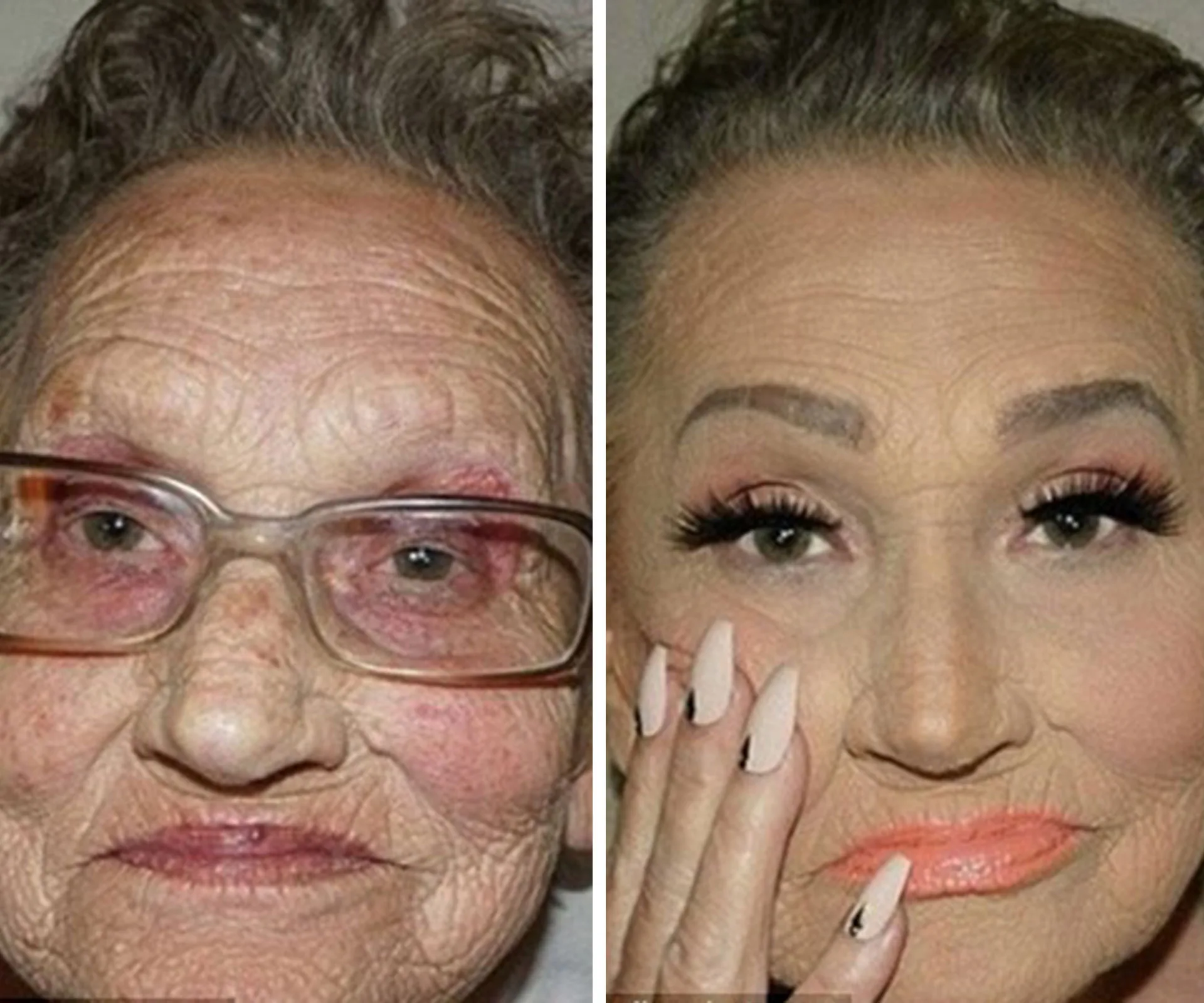Before and after of a grandmother's glamorous makeover with makeup and manicured nails.