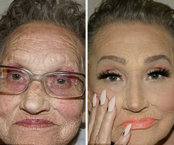 Before and after of a grandmother's glamorous makeover with makeup and manicured nails.