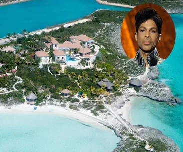 Aerial view of a luxurious Caribbean island home with turquoise waters, inset shows an unidentified person.