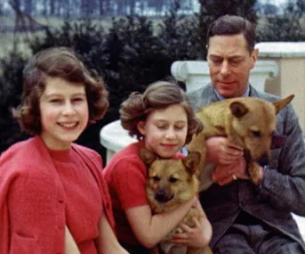 A young girl smiling with her sister, father, and two dogs, sitting outdoors with trees in the background.