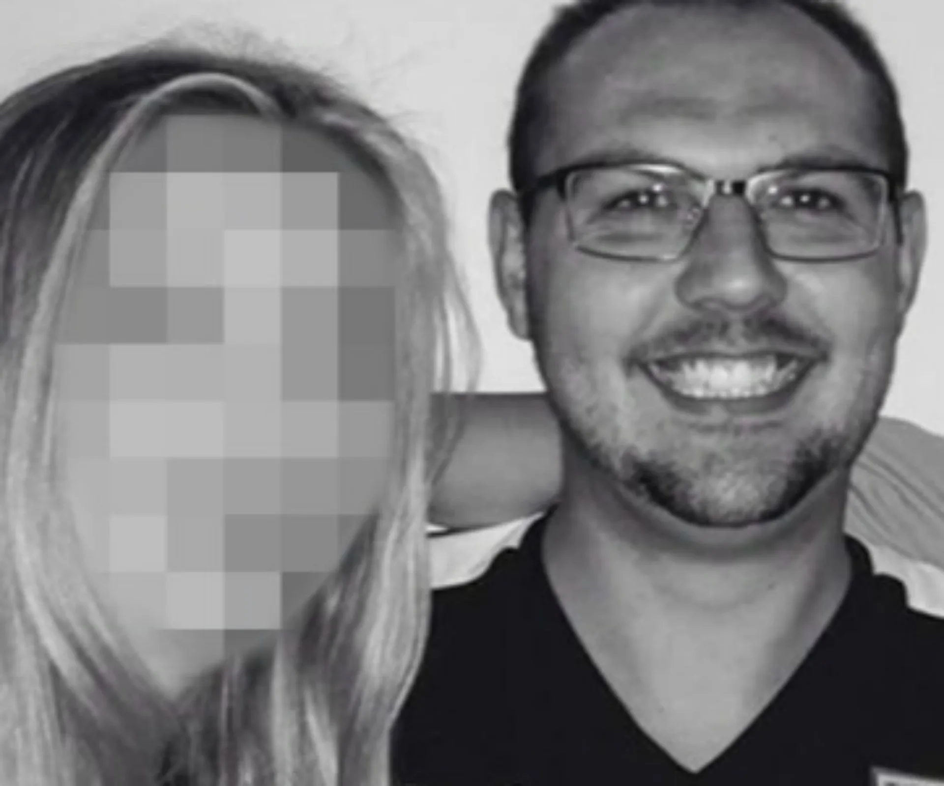 A smiling man with glasses next to a person with a pixelated face.