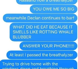 Text exchange about a toddler named Declan vomiting, mentioning a breathalyzer and the smell of whale blubber.