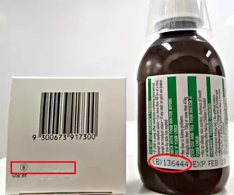 Bottle and box of Children's Panadol with batch number 136444 and expiration date circled, barcode visible.