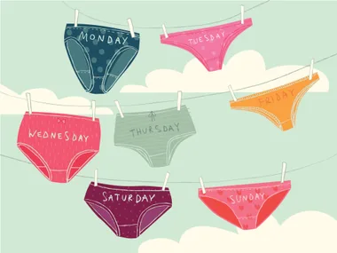Days of the week panties in various colors hanging on a clothesline against a sky background.