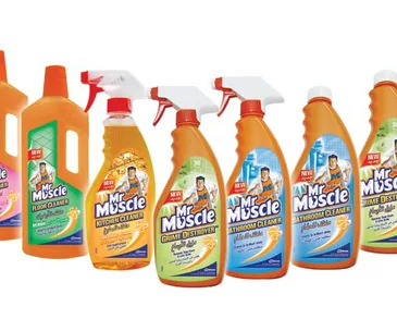Mr Muscle cleaning products lineup featuring various surface cleaners in spray and bottle form.