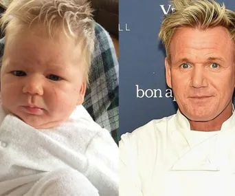 Baby with spiky hair compared to a chef with similar hairstyle, both side by side.