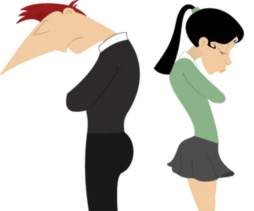 Animated illustration of a sad man and woman standing back to back, representing relationship or fertility issues.