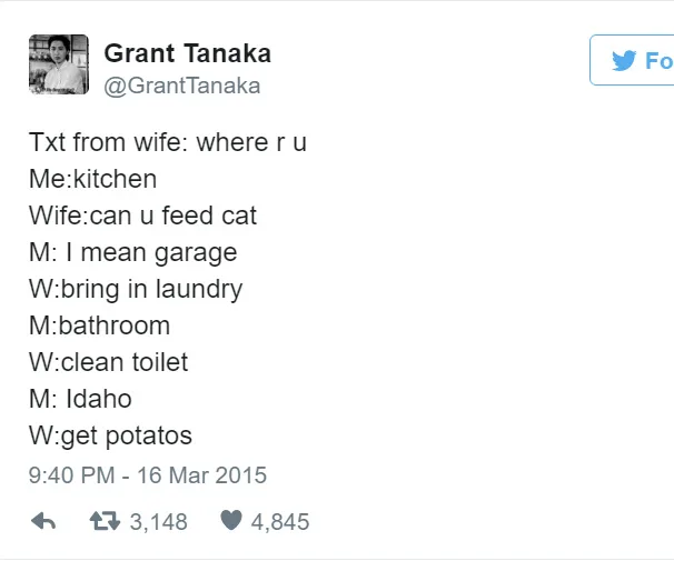 Husband jokingly keeps changing location to avoid tasks from wife in a humorous text exchange.
