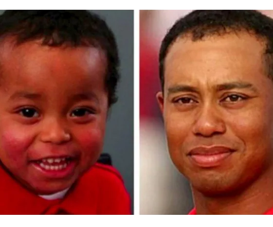 ```html
Alt text: "Side-by-side of a smiling child and an adult in red shirts."
```