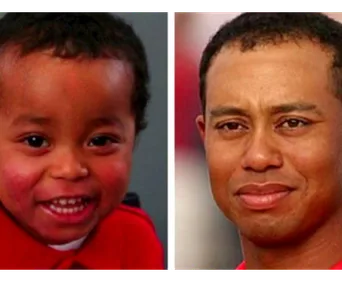 ```html
Alt text: "Side-by-side of a smiling child and an adult in red shirts."
```