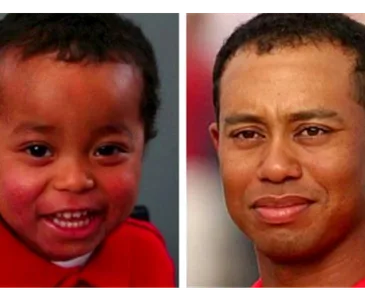 ```html
Alt text: "Side-by-side of a smiling child and an adult in red shirts."
```