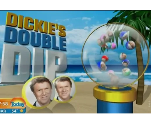 "Dickie's Double Dip segment with beach background, lottery machine, and two face symbols, from The Today Show."