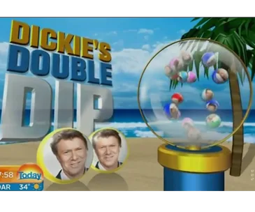 "Dickie's Double Dip segment with beach background, lottery machine, and two face symbols, from The Today Show."