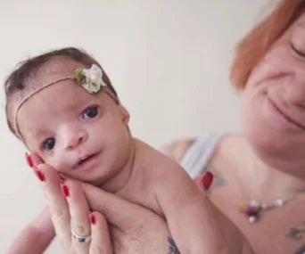 A baby with a birth defect wearing a headband, held tenderly by a woman, who smiles gently in the background.