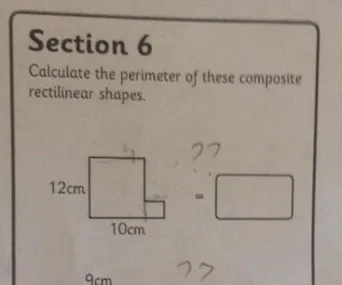 Section 6: Math problem to calculate perimeter of composite rectilinear shapes with dimensions provided.