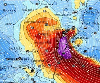 Weather map showing storm intensity with color gradients from blue to red over eastern Australia, highlighting Newcastle and Sydney.