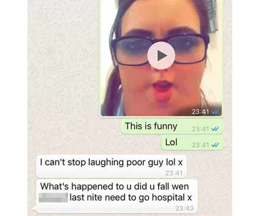 A humorous video thumbnail with a distorted face in a WhatsApp chat, captioned with messages about falling and laughter.
