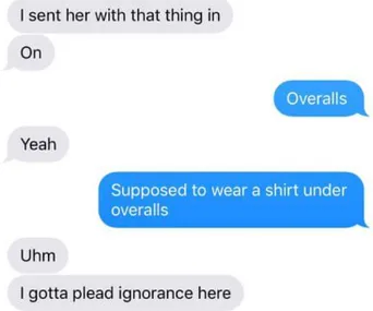 Text message conversation about a baby sent to daycare without a shirt under overalls; humorous misunderstanding.
