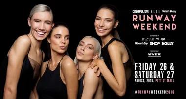 Four models in black outfits smiling and posing, promoting Runway Weekend 2016 event details.