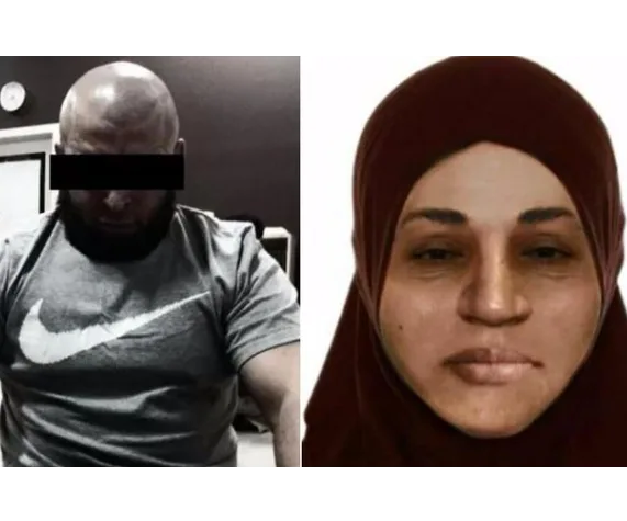 Man with black bar over eyes and woman in headscarf side by side, related to a serious incident.