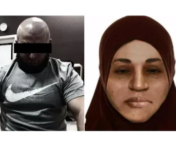 Man with black bar over eyes and woman in headscarf side by side, related to a serious incident.