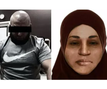 Man with black bar over eyes and woman in headscarf side by side, related to a serious incident.