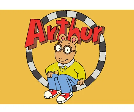 Arthur the aardvark sits in a circle with "Arthur" written above, wearing glasses, a yellow sweater, and blue jeans.