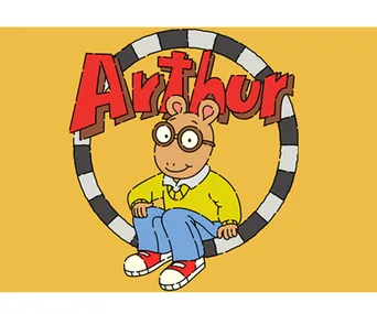 Arthur the aardvark sits in a circle with "Arthur" written above, wearing glasses, a yellow sweater, and blue jeans.