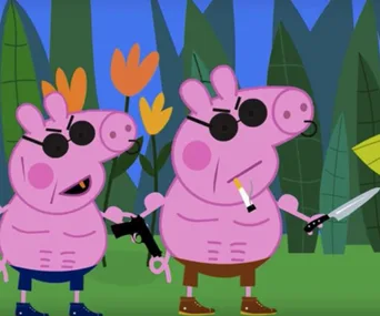 Two cartoon pigs with muscular build, wearing sunglasses; one holds a gun, the other a knife and a cigarette.