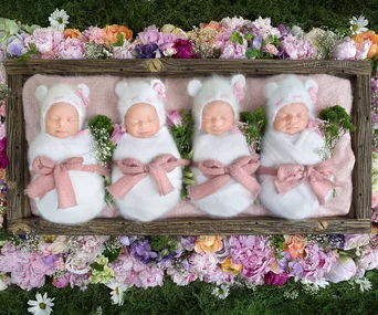 Four identical baby quadruplets in white wraps with pink bows, sleeping in a wooden frame surrounded by colorful flowers.