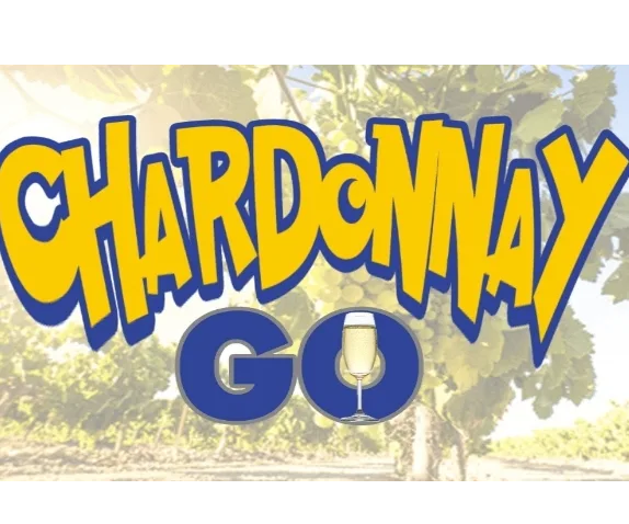 "Logo of 'Chardonnay Go' with a wine glass in the 'O', styled like the Pokémon Go logo, against a vineyard backdrop."
