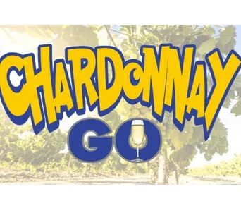 "Logo of 'Chardonnay Go' with a wine glass in the 'O', styled like the Pokémon Go logo, against a vineyard backdrop."