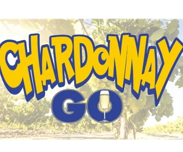 "Logo of 'Chardonnay Go' with a wine glass in the 'O', styled like the Pokémon Go logo, against a vineyard backdrop."