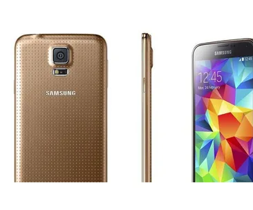 Gold Samsung S5 phone showing back, side, and front views with colorful display screen and camera detail.