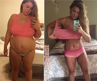 "Before and after weight loss transformation of a woman taking mirror selfies in similar pink tops."