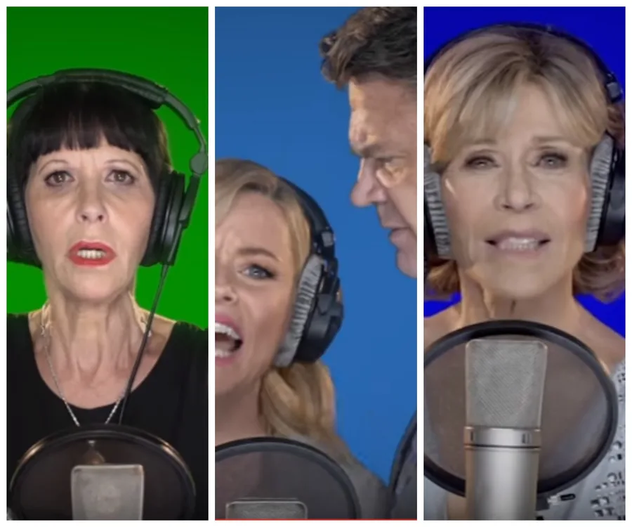 Celebrities sing "Fight Song" in a split-screen video with green, blue, and purple backgrounds, wearing headphones.