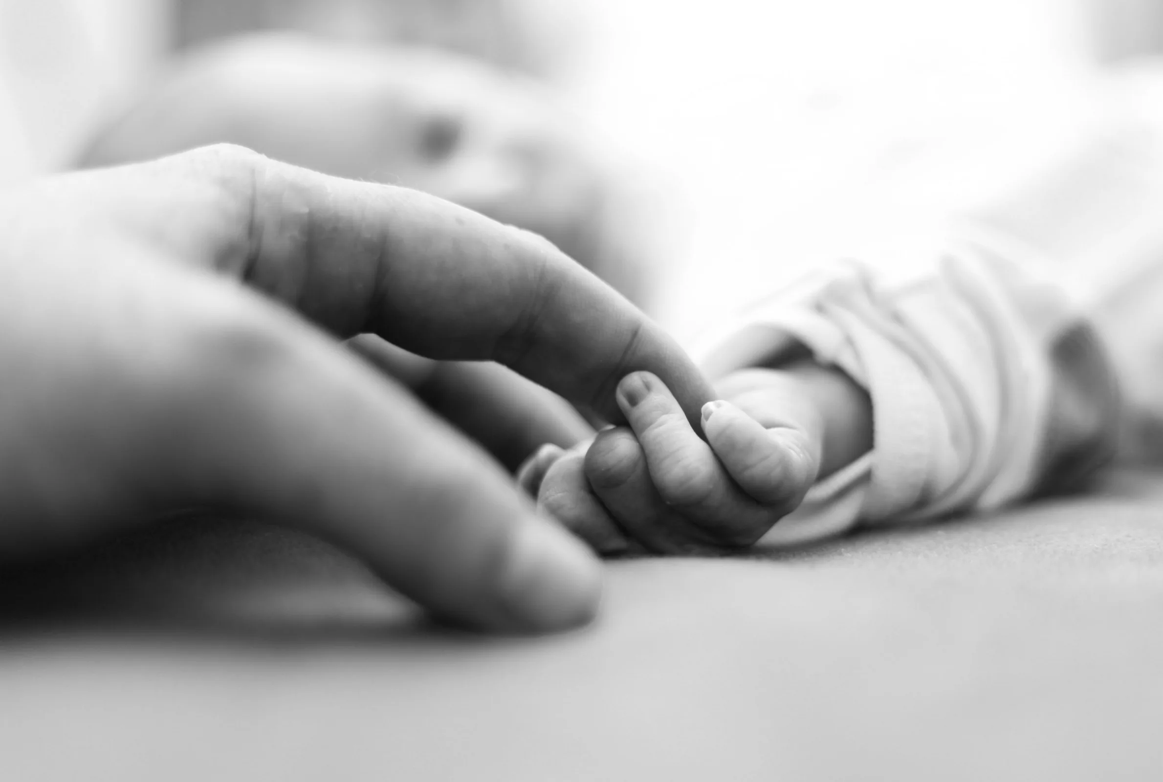 Close-up of an adult hand gently holding a baby's hand, symbolizing care and connection.