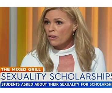 Sonia Kruger on "The Mixed Grill" segment discussing sexuality scholarships, appearing concerned.