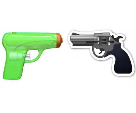 Green water pistol emoji next to a black revolver emoji, illustrating Apple's change from gun to water gun.