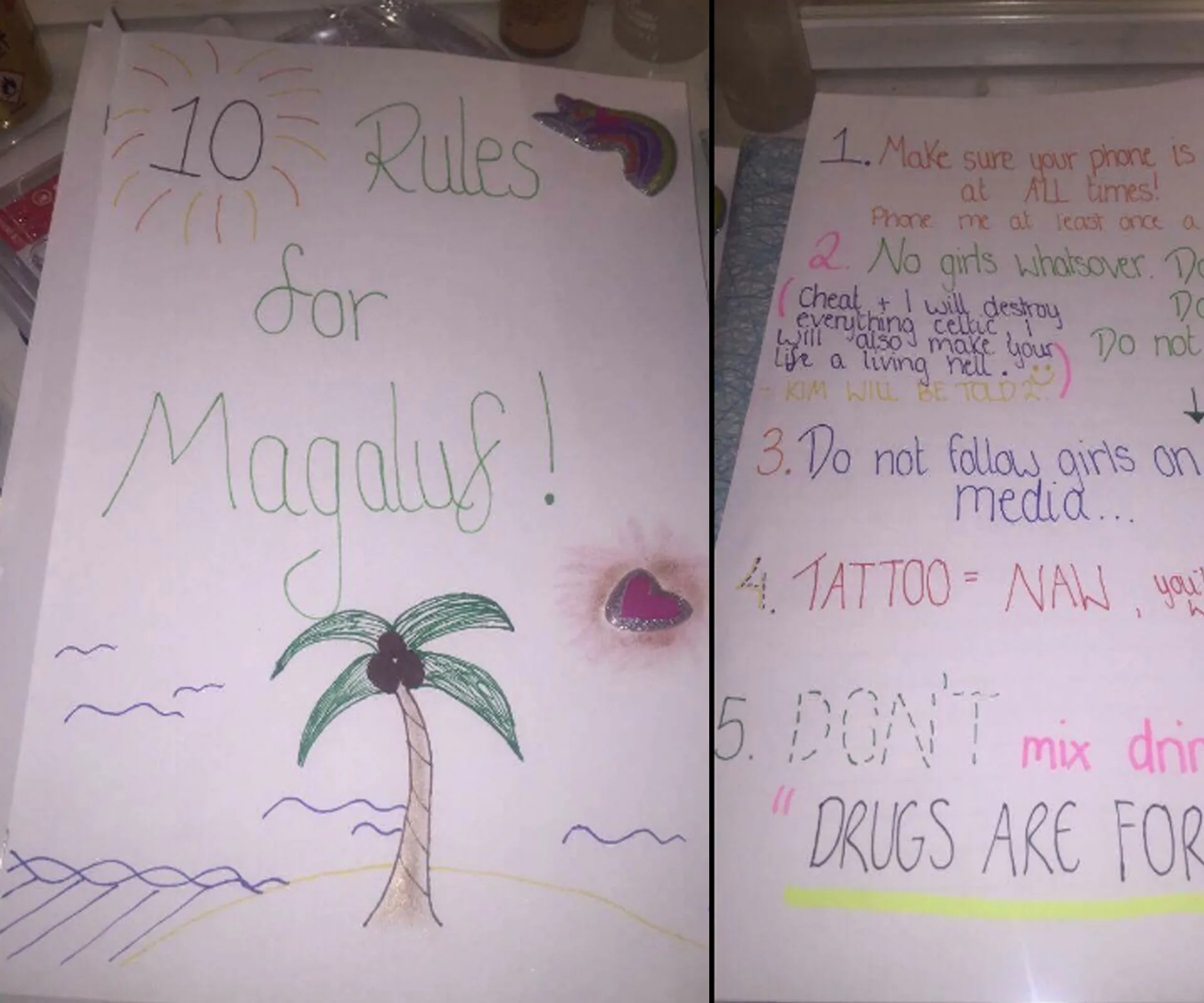 "Handwritten page titled '10 Rules for Magaluf!' with colorful text, palm tree drawing, and stickers."