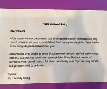 A letter on "New Homework Policy" suggests no formal homework, encouraging family time and reading instead.