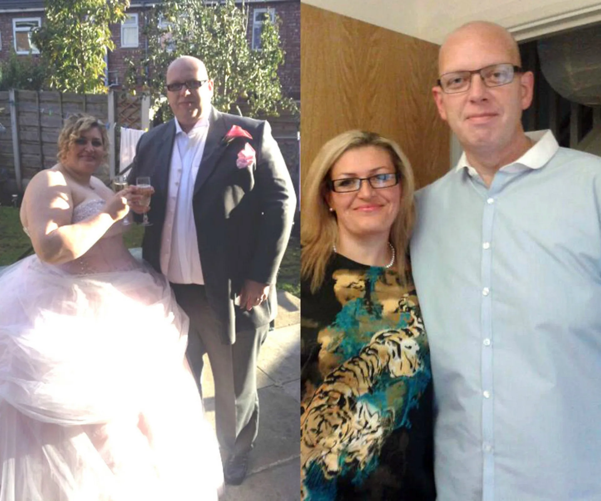 A couple in wedding attire on the left, and a slimmer version of the couple smiling indoors on the right.