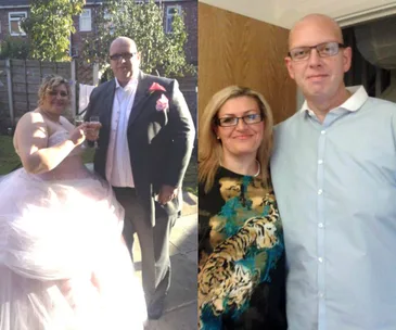 A couple in wedding attire on the left, and a slimmer version of the couple smiling indoors on the right.