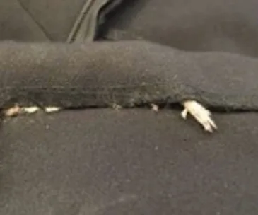 Close-up of a dress seam with a mouse tail visible, highlighting a quality control issue in clothing purchase.