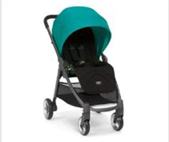 A teal and black pram with four wheels and a sunshade, subject to a recall due to safety concerns.
