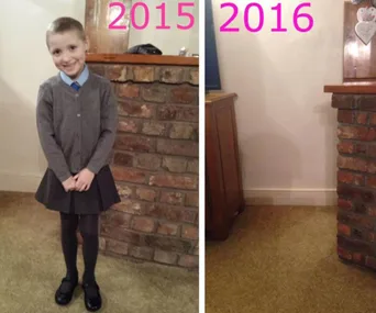 "Comparison image: Left shows smiling child in 2015, right shows empty space in 2016 indicating absence."